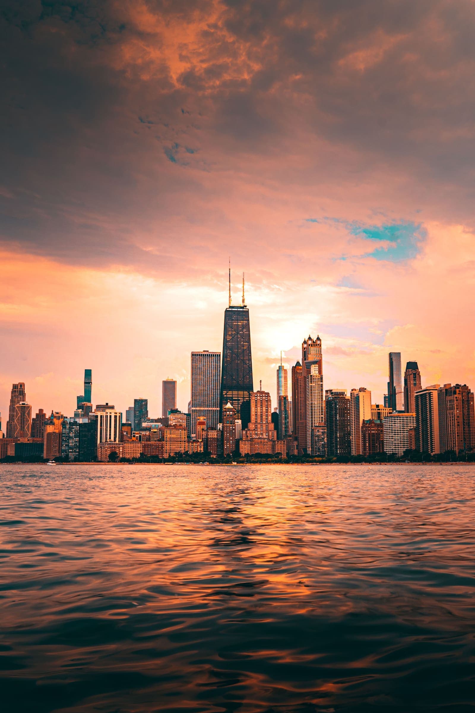 The Chicago skyline across Lake Michigan at sunset
