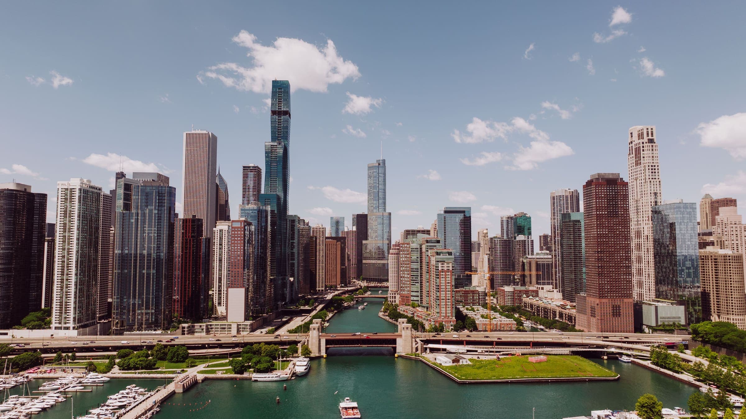 The Chicago skyline above the mouth of the Chicago River