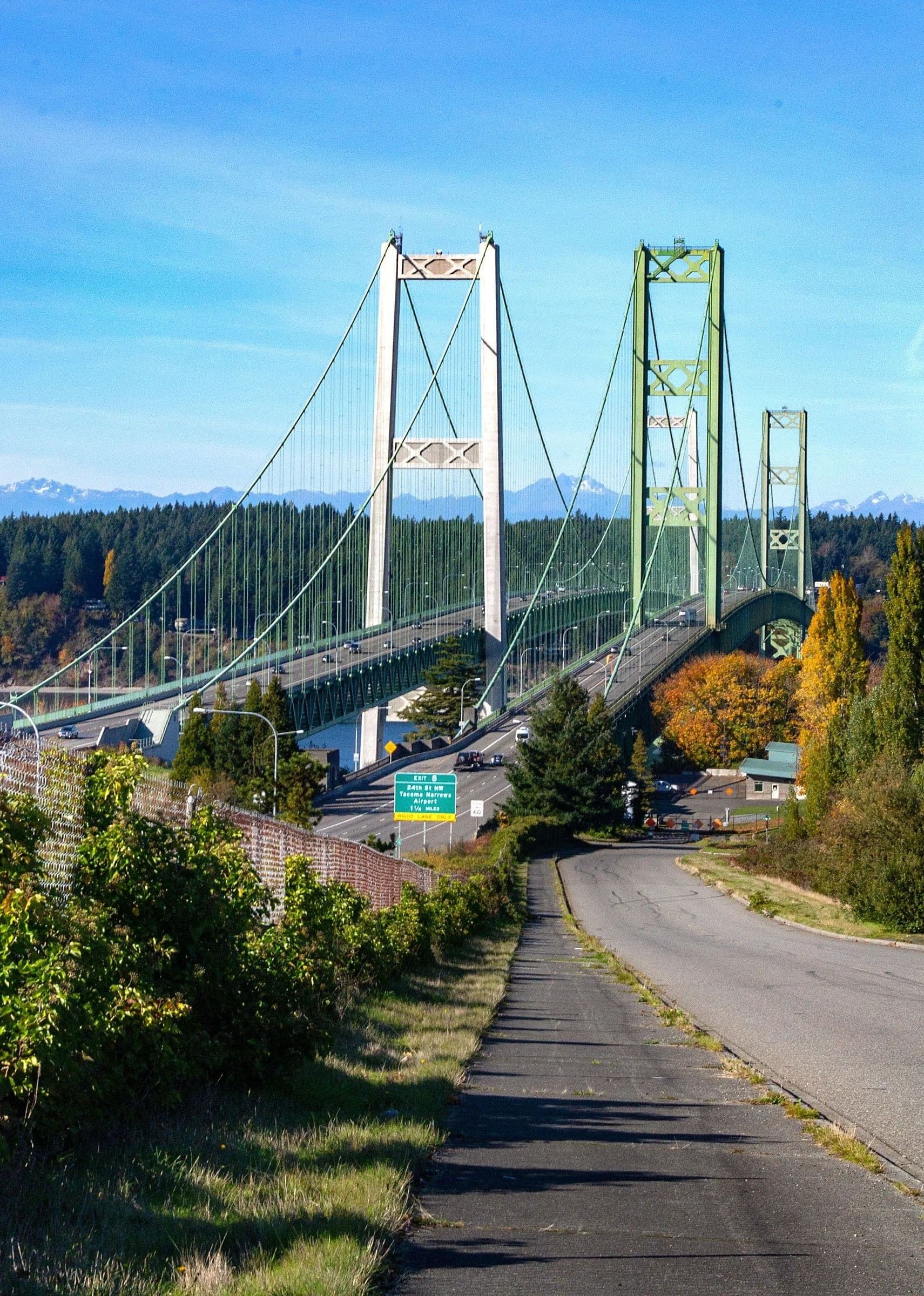 The Tacoma Narrows Bridge with the Olympic Mountains behind it